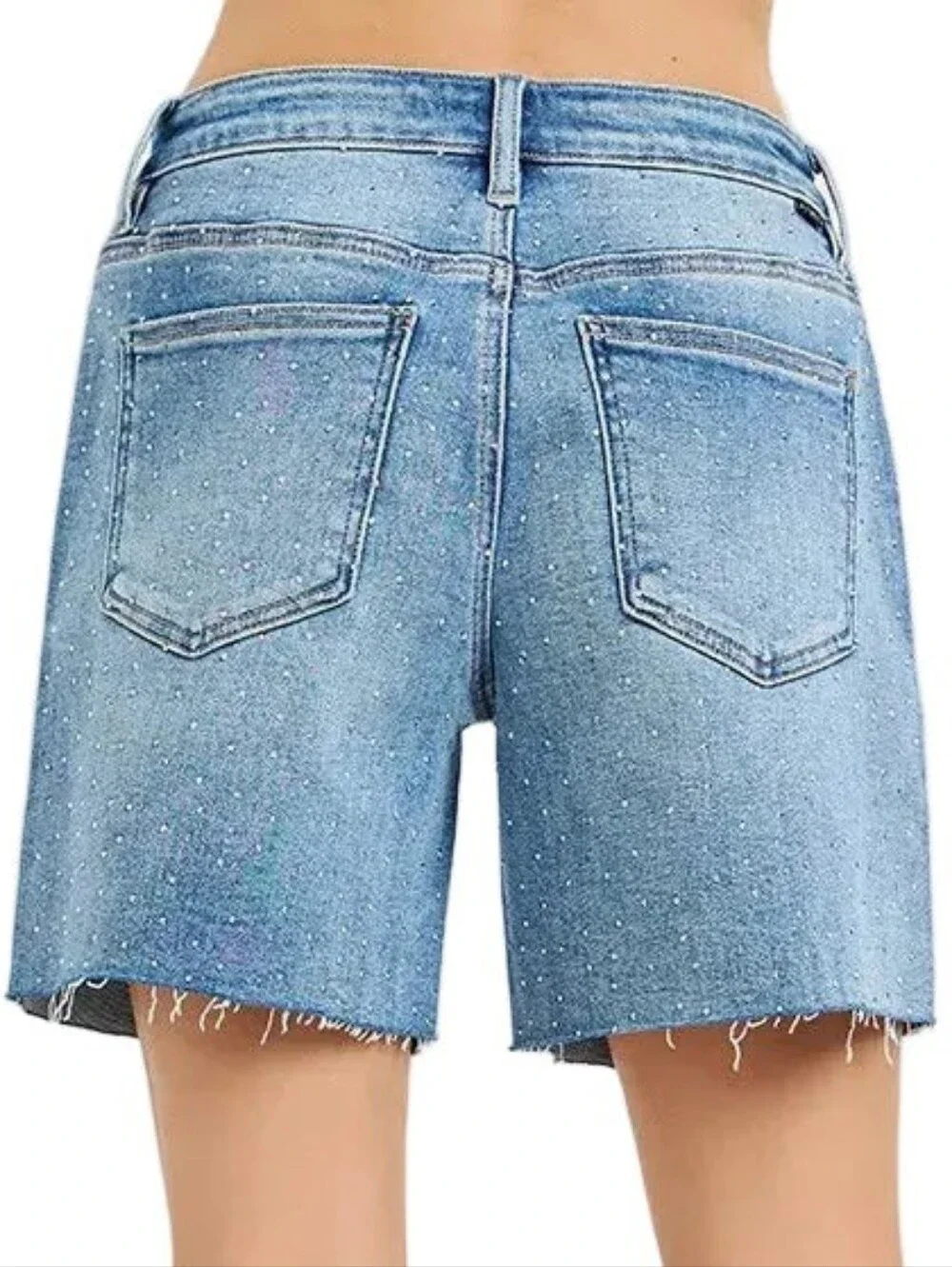 Risen Rhinestone Speckled Baggy Raw Hem Mid Length Weekend Sparkle Denim Shorts